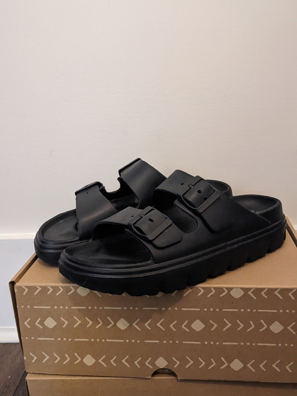 Women's Black Double-Buckle Slide Sandals